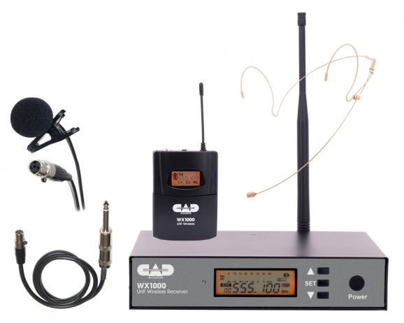 CAD Audio WX1000BP UHF Wireless Body Pack Microphone System with Headworn Mic, Lavalier Mic, and Guitar Cable