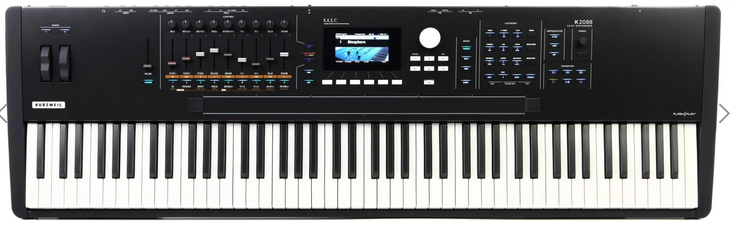 Kurzweil K2088 88-Key V.A.S.T. Synthesizer Workstation fully-weighted, hammer-action with velocity and pressure (aftertouch) sensitive adjustable keys (Fatar TP/40L) Mac OS X, Windows compatible
