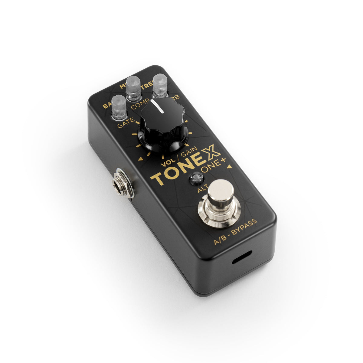 TONEX ONE+ pedal, angled view showing knobs and footswitch