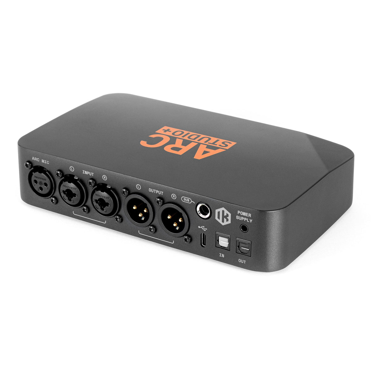 ARC Studio+ rear panel with combo inputs, XLR outputs, sub output, USB-C and optical S/PDIF