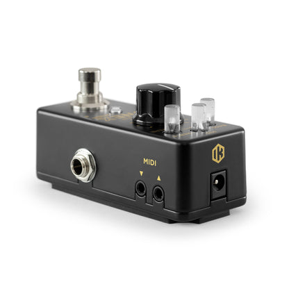 TONEX ONE+ side panel with output jack, TRS MIDI In and Out and power input