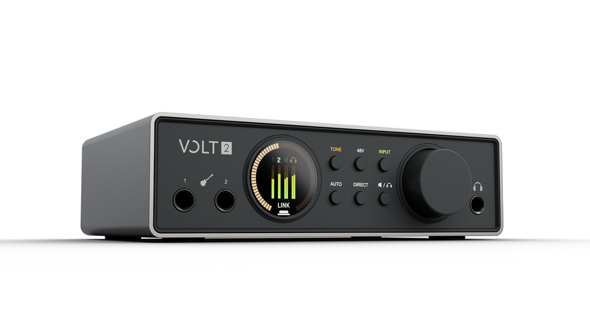 Universal Audio Volt 2 Gen 2 USB audio interface, three quarter view with Smart Display