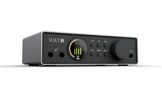 Universal Audio Volt 2 Gen 2 USB audio interface, three quarter view with Smart Display