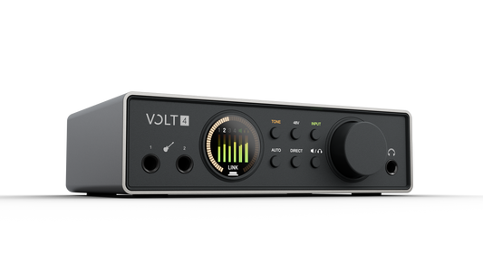 Universal Audio Volt 4 Gen 2 USB audio interface, three quarter view with Smart Display