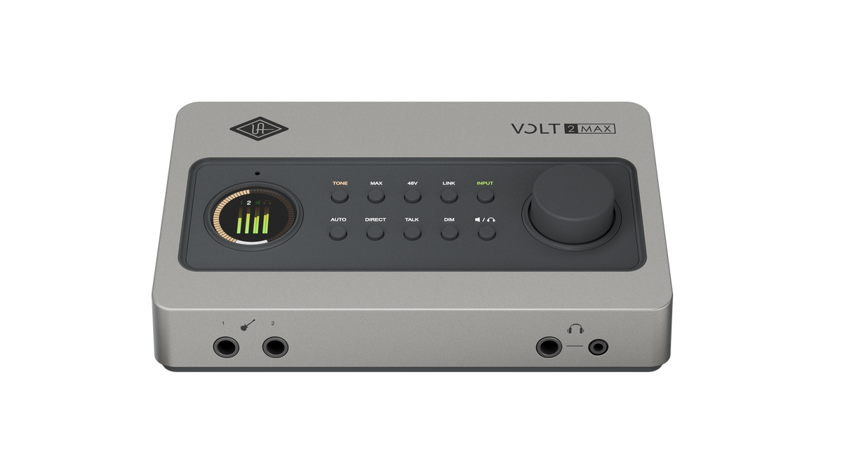 Universal Audio Volt 2 Max front panel at an angle showing Hi-Z inputs and headphone outputs