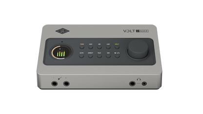 Universal Audio Volt 2 Max front panel at an angle showing Hi-Z inputs and headphone outputs