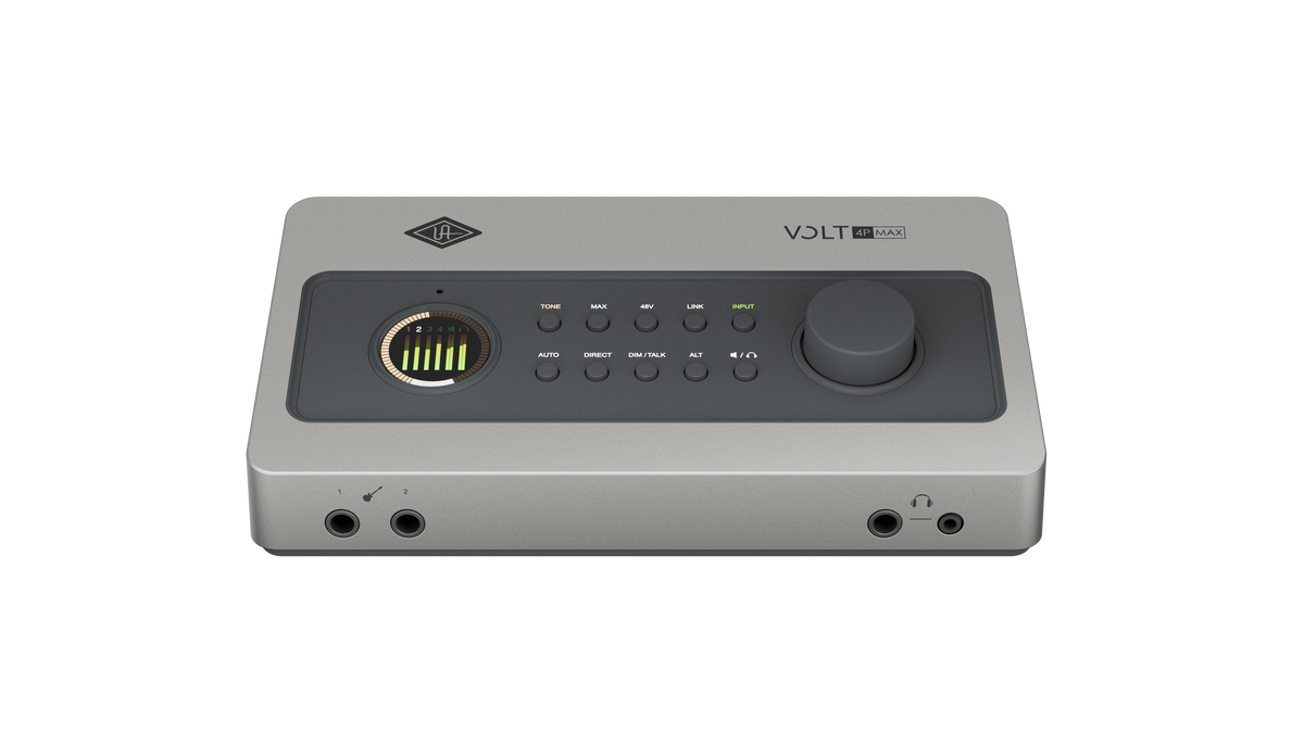 Universal Audio Volt 4P Max front panel at an angle showing Hi-Z inputs and headphone outputs