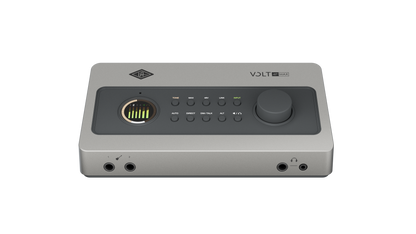 Universal Audio Volt 4P Max front panel at an angle showing Hi-Z inputs and headphone outputs