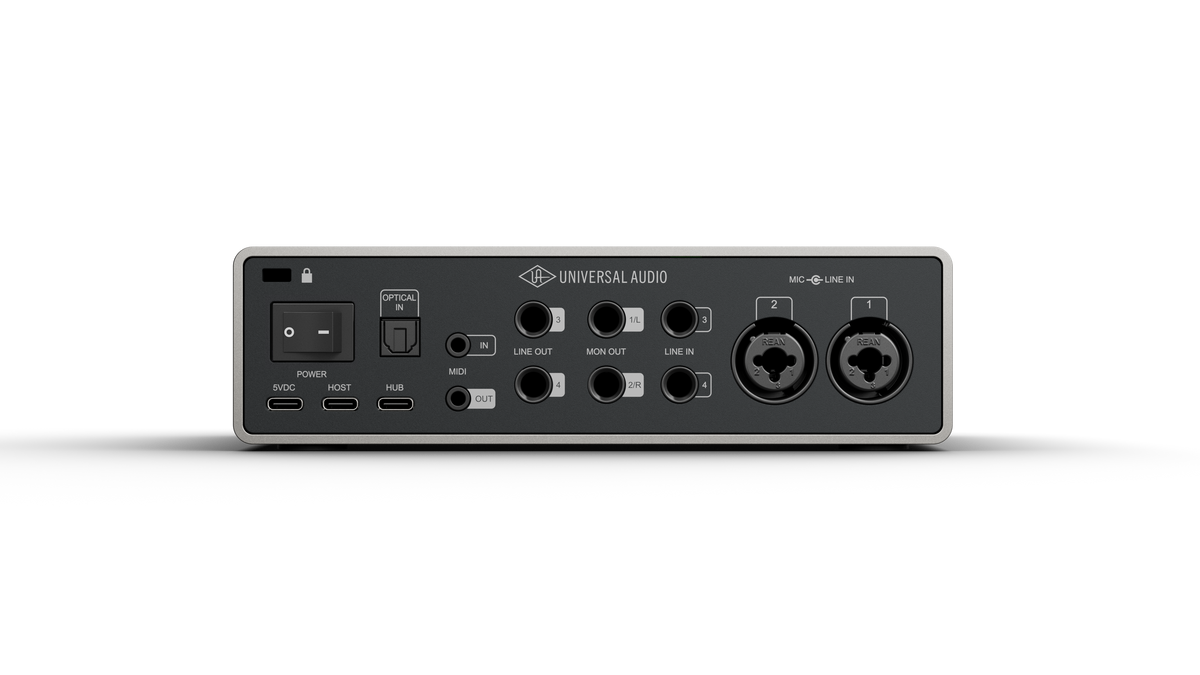 Universal Audio Volt 4 Gen 2 rear panel with ADAT optical input, MIDI, line I/O and mic inputs