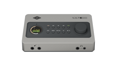 Universal Audio Volt 4 Max front panel at an angle showing Hi-Z inputs and headphone outputs