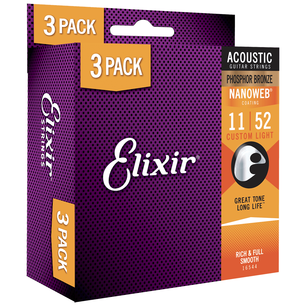 Elixir 16544X NANOWEB phosphor bronze acoustic guitar strings Custom Light 11-52, three set pack