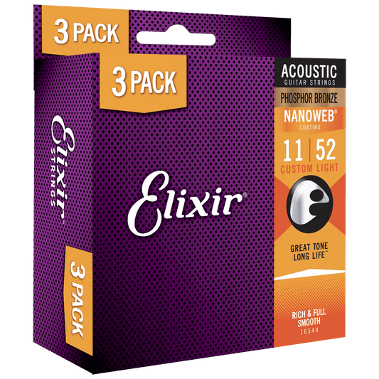 Elixir 16544X NANOWEB phosphor bronze acoustic guitar strings Custom Light 11-52, three set pack