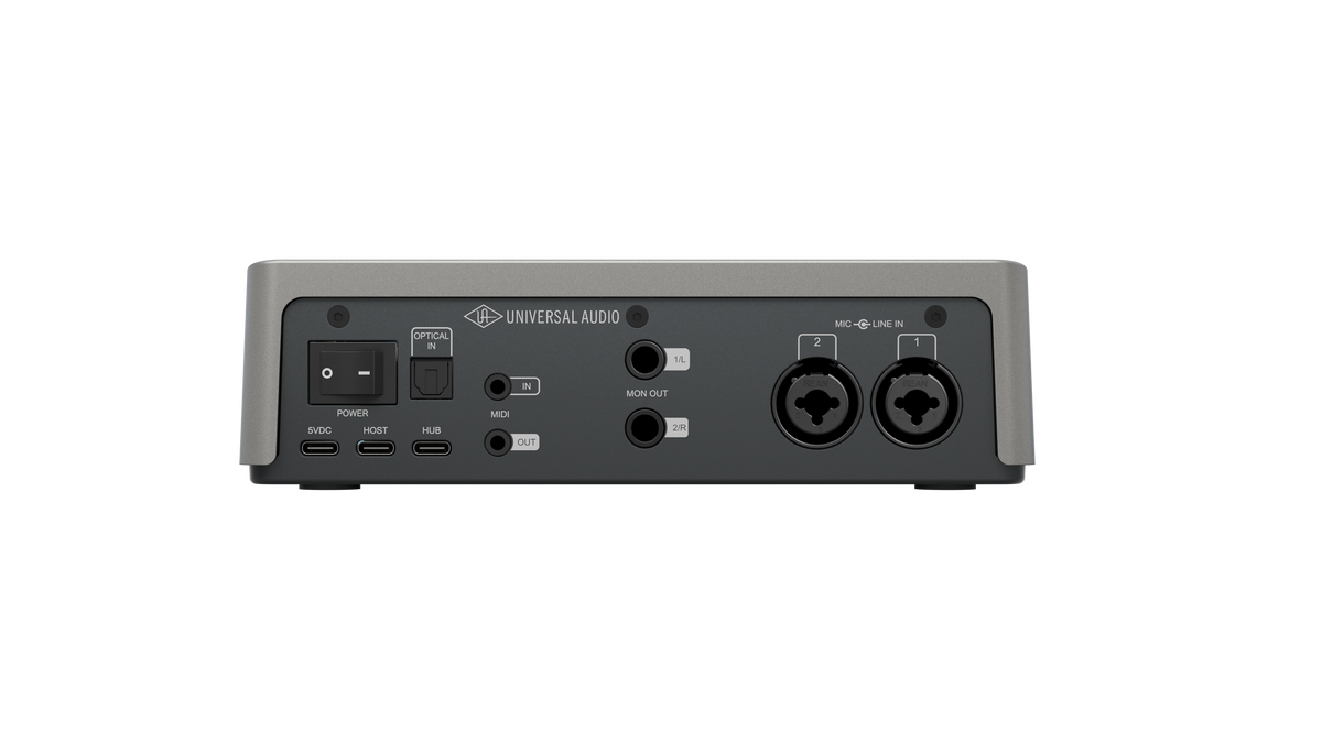 Universal Audio Volt 2 Max rear panel with optical input, MIDI, monitor outputs and mic / line inputs