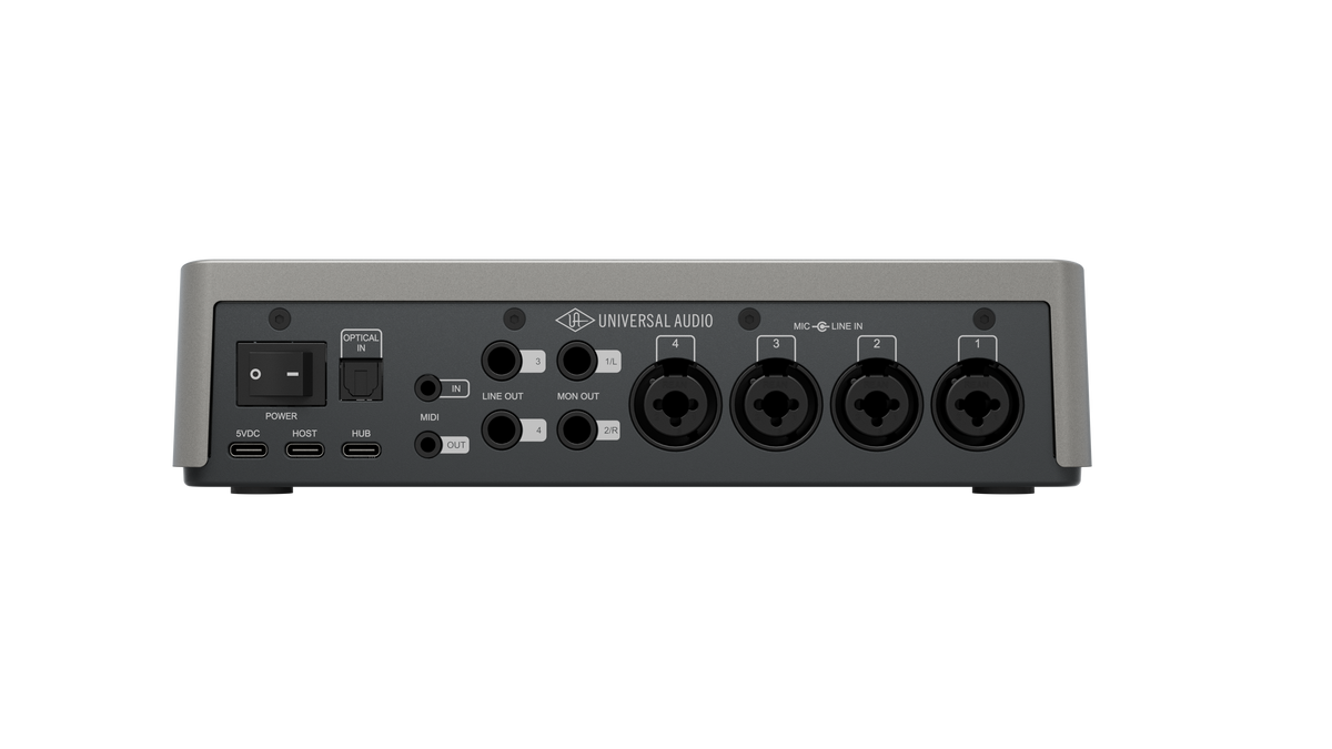 Universal Audio Volt 4P Max rear panel with four mic inputs, optical input, MIDI and line outputs