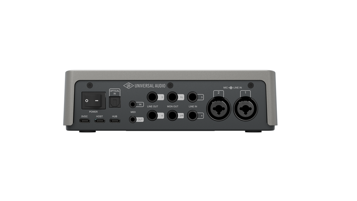 Universal Audio Volt 4 Max rear panel with optical input, MIDI, line I/O and mic inputs