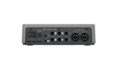 Universal Audio Volt 4 Max rear panel with optical input, MIDI, line I/O and mic inputs