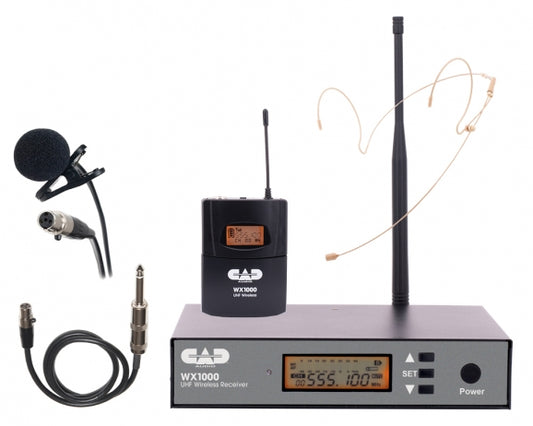 CAD Audio WX1000BP UHF Wireless Body Pack Microphone System with Headworn Mic, Lavalier Mic, and Guitar Cable
