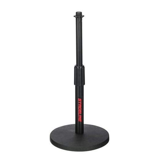 Stageline DS70BK Desktop Microphone Stand - Round Base, Adjustable Height 8.75″-13″, Heavy-Duty Metal Construction, Compact Design - Black - front view