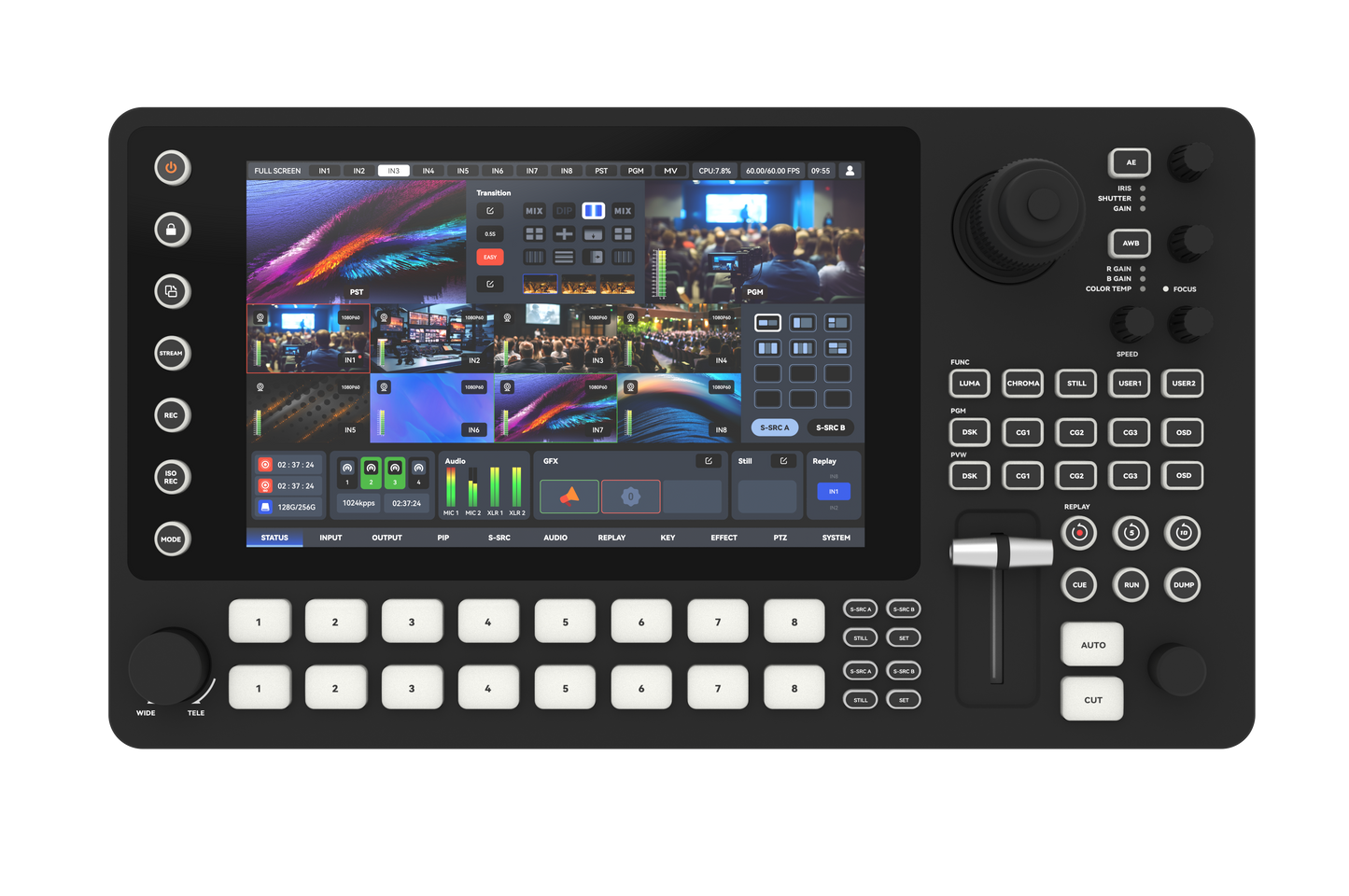 Sprolink MC-NDI 8-channel NDI switcher with 10.1 inch touchscreen and joystick