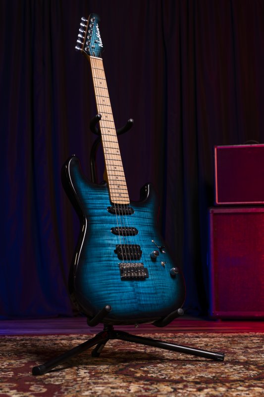 Washburn Sonamaster Elite Flame Blue Burst on a guitar stand