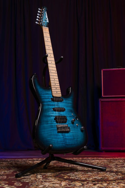 Washburn Sonamaster Elite Flame Blue Burst on a guitar stand