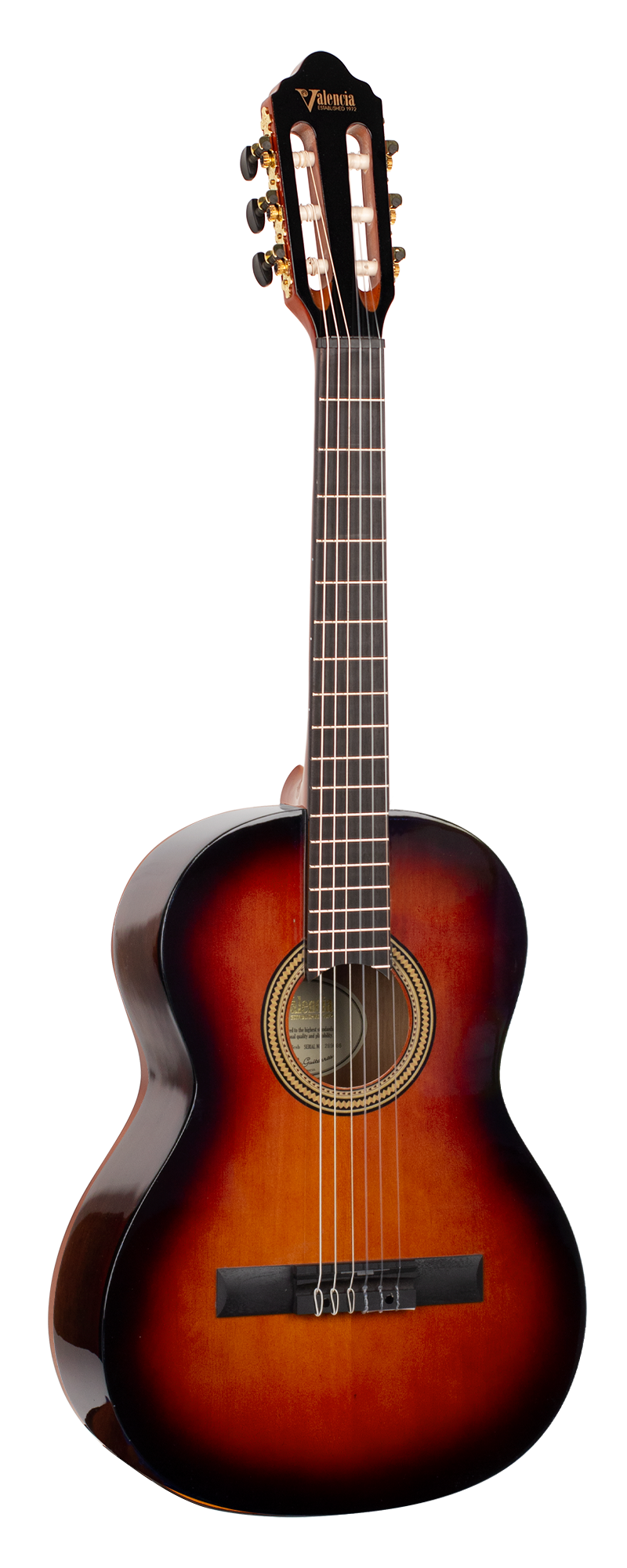 Valencia VC263HCSB 3/4 size hybrid classical guitar in classic sunburst