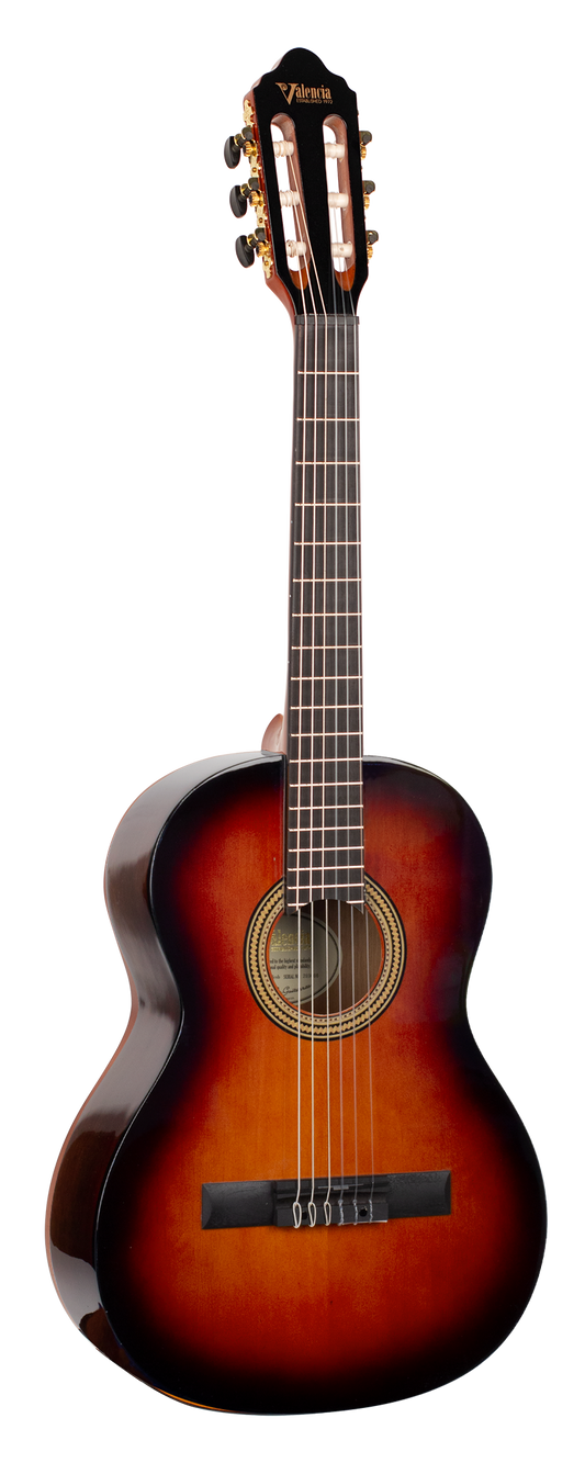 Valencia VC263HCSB 3/4 size hybrid classical guitar in classic sunburst