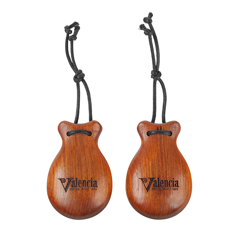 Valencia VZCA1 castanets front view with V-shaped ears and cords