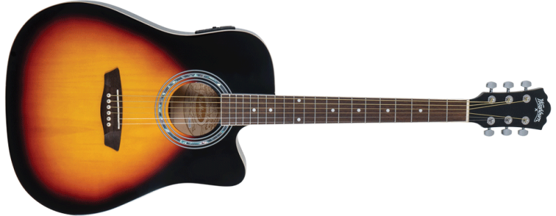 Washburn WA90CE dreadnought cutaway acoustic-electric guitar in Tobacco Sunburst, stock photo of a new unit