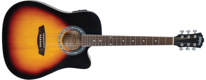 Washburn WA90CE dreadnought cutaway acoustic-electric guitar in Tobacco Sunburst, stock photo of a new unit