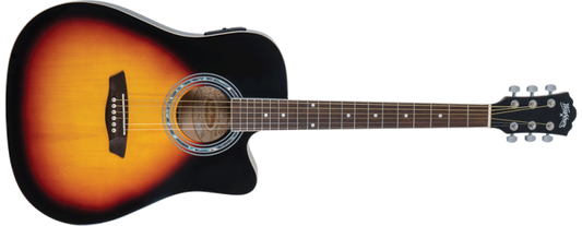 Washburn WA90CE dreadnought cutaway acoustic-electric guitar in Tobacco Sunburst, stock photo of a new unit