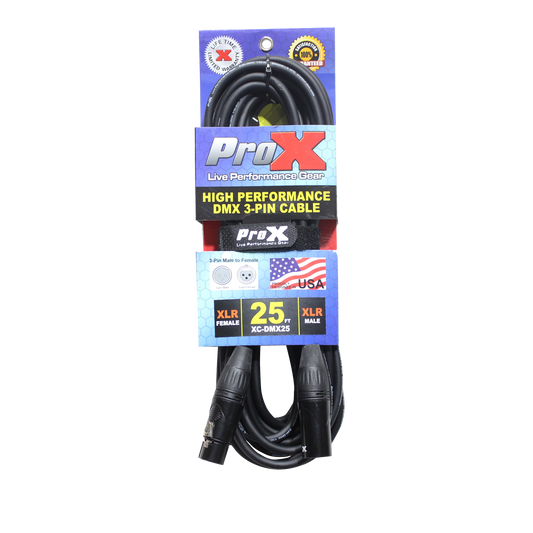 ProX XC-DMX25 25 ft 3-pin DMX cable in retail packaging