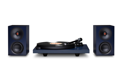 Cambridge Audio Spira turntable in Blue shown with matching L/R speakers, speakers sold separately