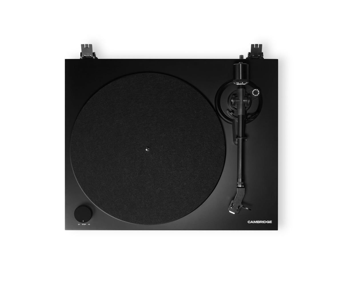 Cambridge Audio Spira turntable top view showing the platter, tonearm and speed dial