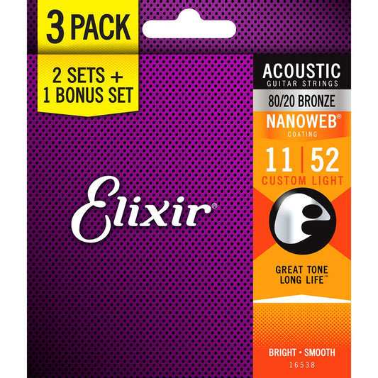 Elixir 16538X NANOWEB 80/20 bronze acoustic guitar strings Custom Light 11-52, three set pack