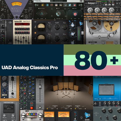 UAD Analog Classics Pro 80+ plug-in collection featuring Manley VOXBOX, Distressor, Lexicon 224, Studer A800, SSL, Pultec, and more
