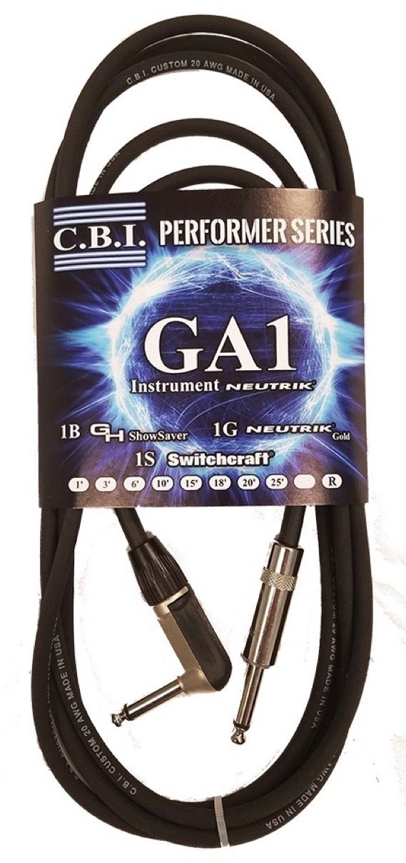 CBI GA1 instrument cable with straight and right angle quarter inch plugs in retail packaging
